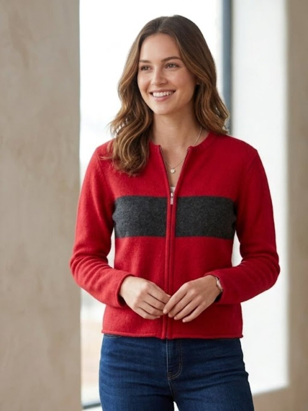 Newton Trading Co 100% Lambswool VTG Red/Charcoal Zipper Cardigan sweater, sz M